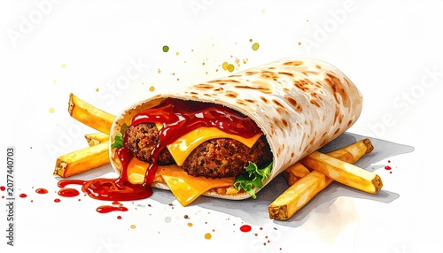 Delicious fast food wrap with fries and ketchup on white background