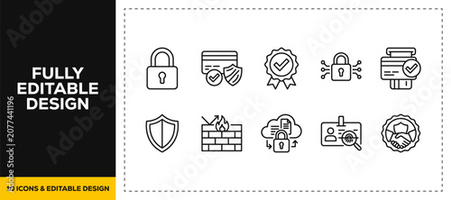 flat vector illustration line art icon bundle set design of cyber security protection padlock shield firewall cloud network and virus bug graphic for modern web ui app