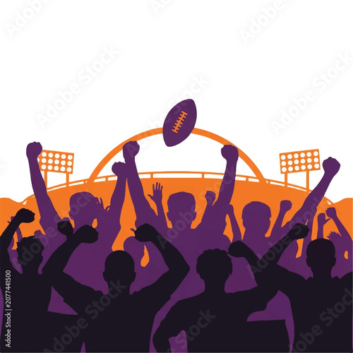 Subject: Silhouettes of diverse football fans with arms raised in victory, cheering in front of a simplified stadium arc. Lighting: Solid backlight effect. Mood: Triumphant and communal.