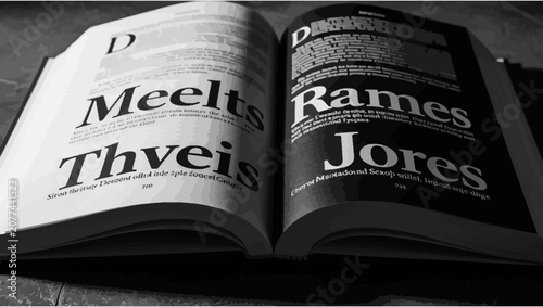Tableau sur toile Open Book with High Contrast Typography and Text Pages