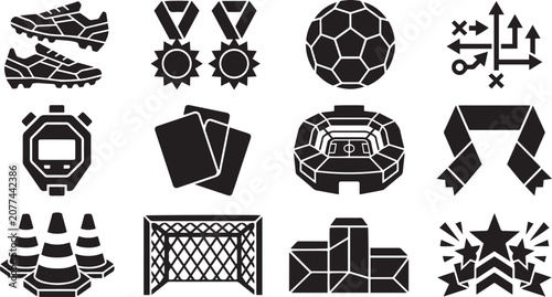 Принти на полотні Soccer Football Icons Set Black Silhouette Sports Equipment Vector Elements
