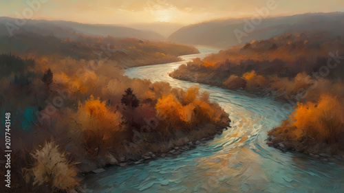 Impressionist oil painting of a winding river with dramatic reflections and rich texture 