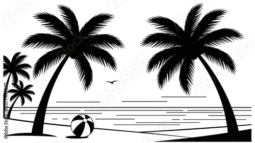 Canvas Print Tropical Beach Scene Silhouette with Palm Trees and Beach Ball
