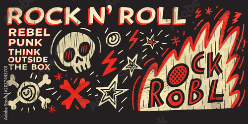 Fotografía Rock and roll themed graphic design red and yellow on black background