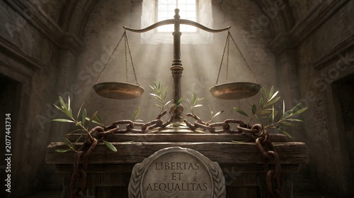 Golden Scales of Justice and Equality, Bathed in Rays of Light, Symbolizing Liberty within a Grand, Ancient Hall of Law and Order