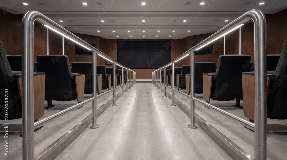 Obraz premium Professional Architectural Photo Showing Sleek Metal Handrails Guiding Down The Aisle Of Technology Lecture Room
