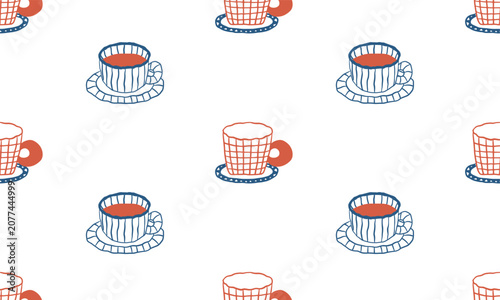 Seamless repeat pattern with hand-drawn doodle tea cups and saucers. Minimalist vector kitchen textile print