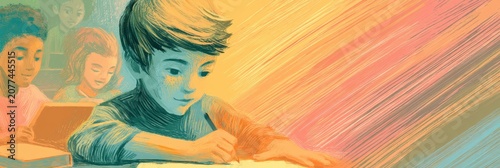inclusive education campaign, postcard featuring diverse, happy children immersed in creative learning with space for text, warm classroom ambiance, and inclusive theme