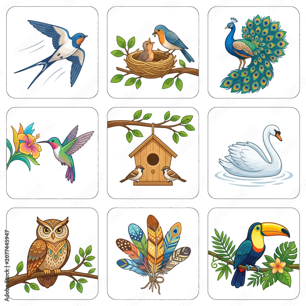 Fototapeta premium A collection of nine vibrant illustrations showcasing various birds like a swallow, robin, peacock, hummingbird, swan, owl, and toucan, along with a birdhouse and colorful feathers.