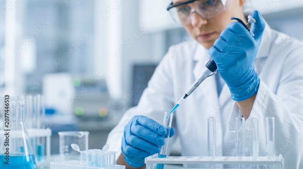 Fototapeta premium Scientist Using Micropipette in Modern Science Laboratory, Biotechnology and Medical Research Concept, Biomedical Research and Pharmaceutical Testing