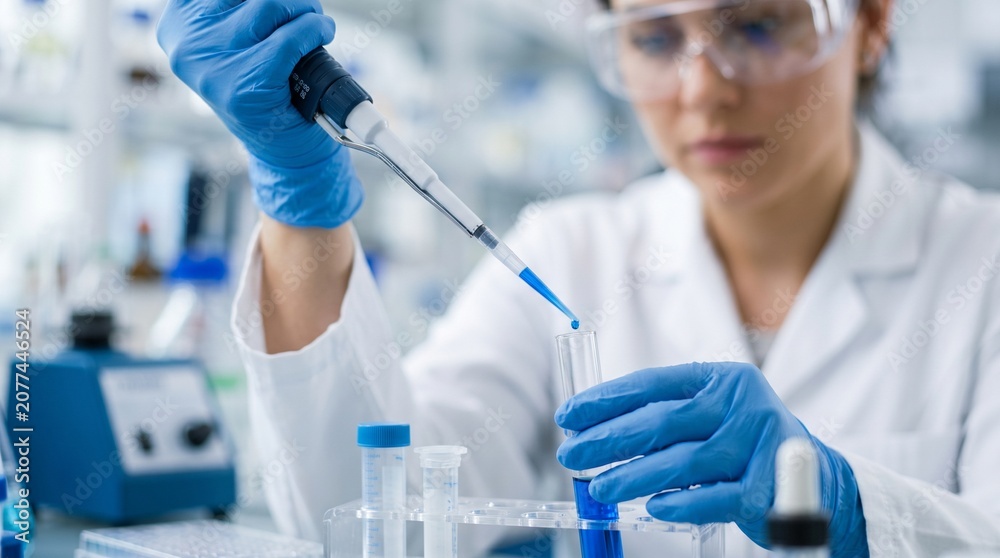 Fototapeta premium Scientist Using Micropipette in Modern Science Laboratory, Biotechnology and Medical Research Concept, Biomedical Research and Pharmaceutical Testing