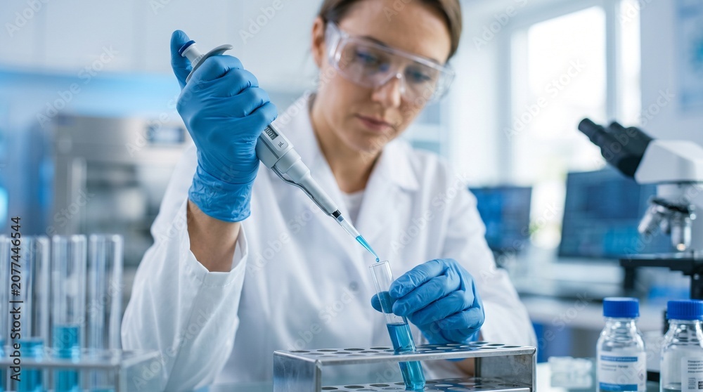 Fototapeta premium Scientist Using Micropipette in Modern Science Laboratory, Biotechnology and Medical Research Concept, Biomedical Research and Pharmaceutical Testing