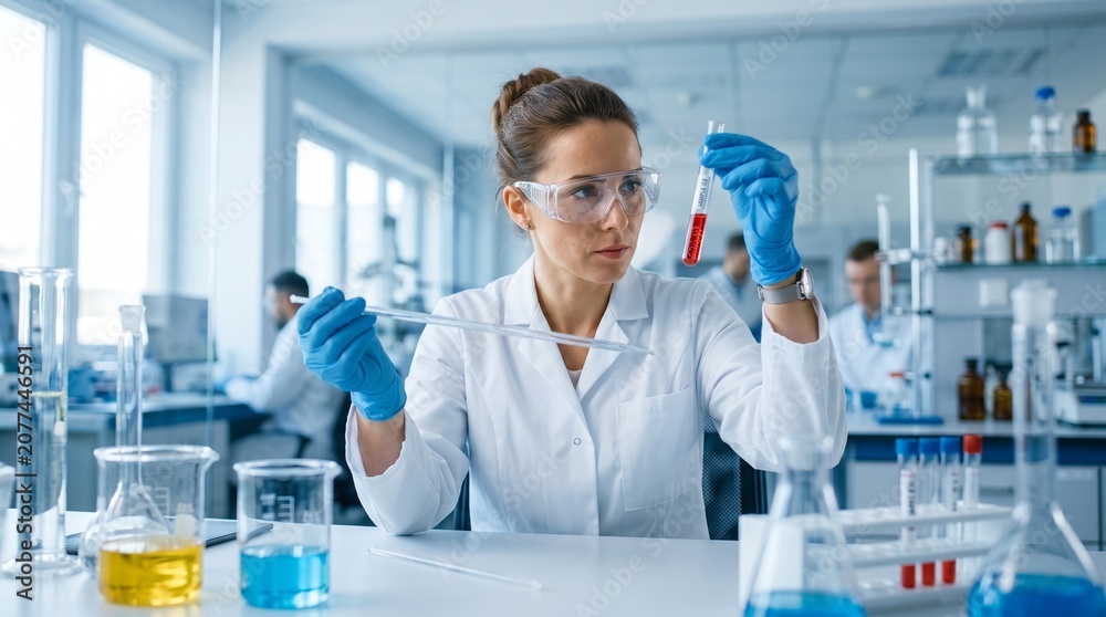 Fototapeta premium Scientist Examining Test Tube in Modern Laboratory, Medical Research of Lab Staff Worker, Biotechnology, Pharmaceutical Analysis, Scientific Experiment and Healthcare Innovation