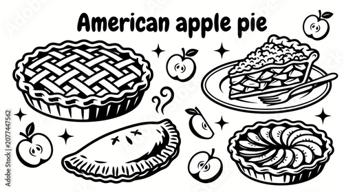 Tableau sur toile American apple pie vector collection isolated for traditional desserts, bakery products, holiday meals, and classic American cuisine concepts