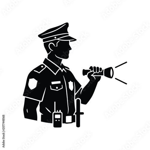 Police officer holding illuminated flashlight in profile against dark background during night patrol with radio and baton