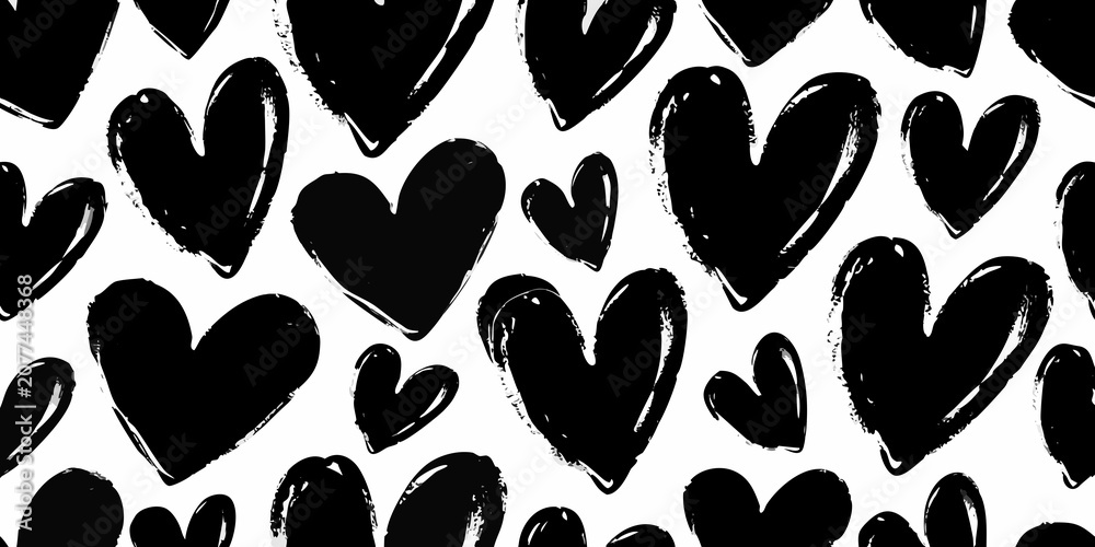 Fototapeta premium Hand Drawn Black Hearts Seamless Pattern On White Background