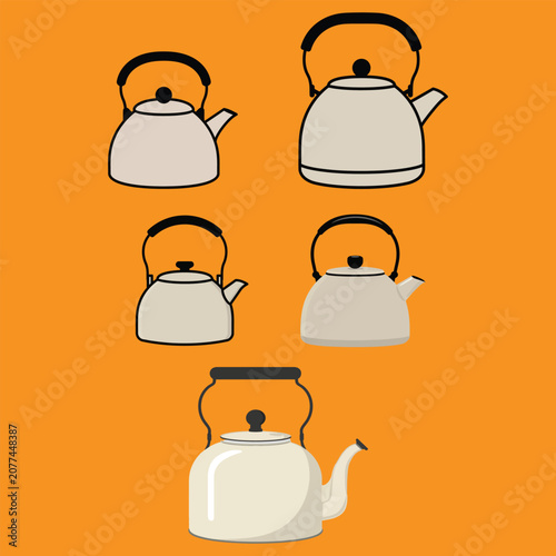 Stainless Steel Tea Pot Set Flat Cartoon Style Kitchen Utensil Illustration Bundle