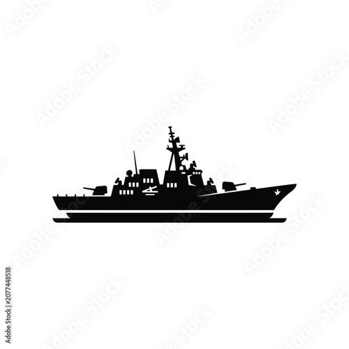 Modern warship silhouette sailing on a calm sea during daylight with a clean white background for commercial use