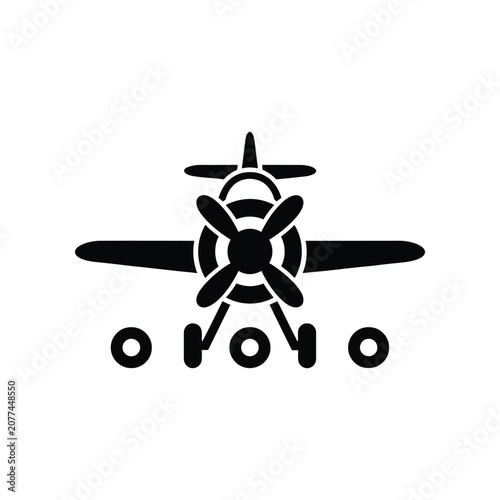 Vintage propeller airplane icon on a white background during takeoff with a clean silhouette style for aviation themes