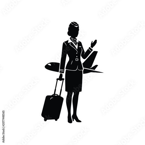 Flight attendant with rolling suitcase by airplane wing during travel with welcoming gesture