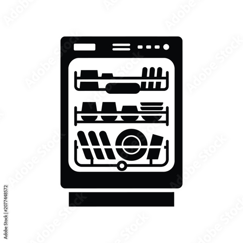 Open dishwasher with clean dishes inside during a bright kitchen lighting concept for household chores