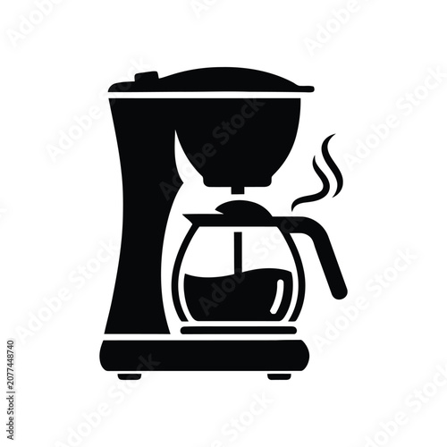 Black coffee maker brewing hot beverage with steam in clean silhouette against white background