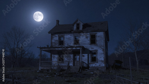 A dilapidated, two-story wooden house stands abandoned at night under a large, bright moonlit sky, surrounded by bare trees and overgrown land.