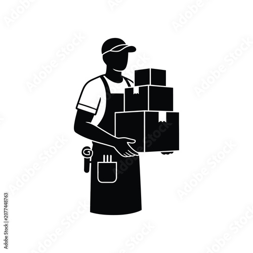 Delivery person with stack of boxes during daytime against white background symbolizing shipping and logistics