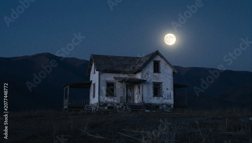 A dilapidated, two-story house with peeling white paint stands on a hillside at night under a full moon, its dark silhouette contrasting against a backdrop of distant mountains.