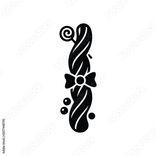 Braided licorice candy with lollipop and bow against white background graphic design concept
