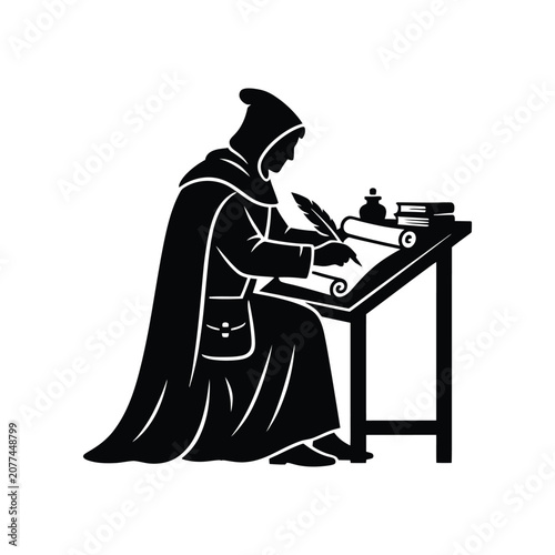 Monk writing with quill pen at desk with inkwell and scrolls during illumination in silhouette style