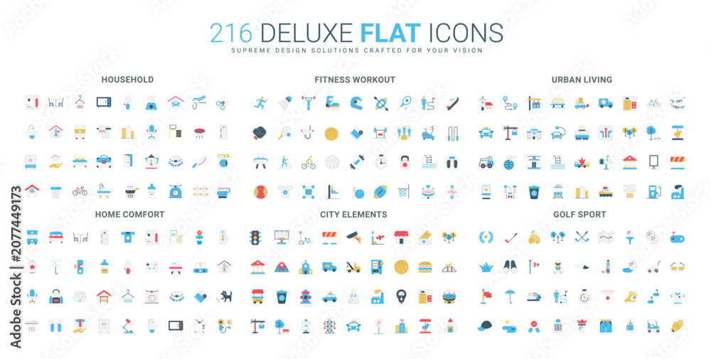 Obraz premium Diverse flat icon set featuring household, fitness, urban lifestyle, home comfort, city elements, and golf sport themes, designed for modern visual communication isolated vector illustration