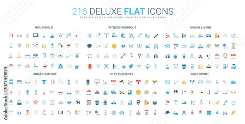 Diverse flat icon set featuring household, fitness, urban lifestyle, home comfort, city elements, and golf sport themes, designed for modern visual communication isolated vector illustration