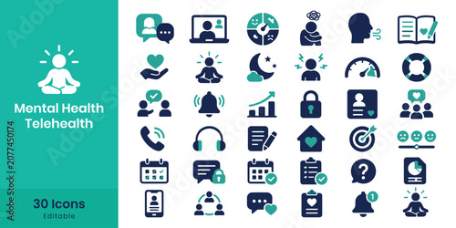 Cuadro en lienzo Mental health telehealth icons set with human figures in meditative pose represe