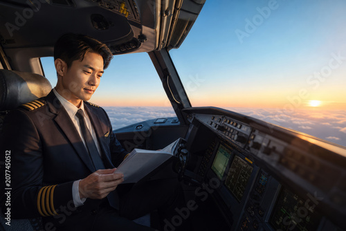 Pilot cockpit airplane uniform aviation sunrise cloud control professional commercial focused pilot cockpit reading document inside airplane