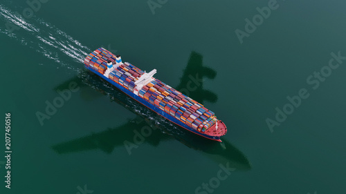 Multimodal global logistics transportation with cargo ship airplane shadow and truck