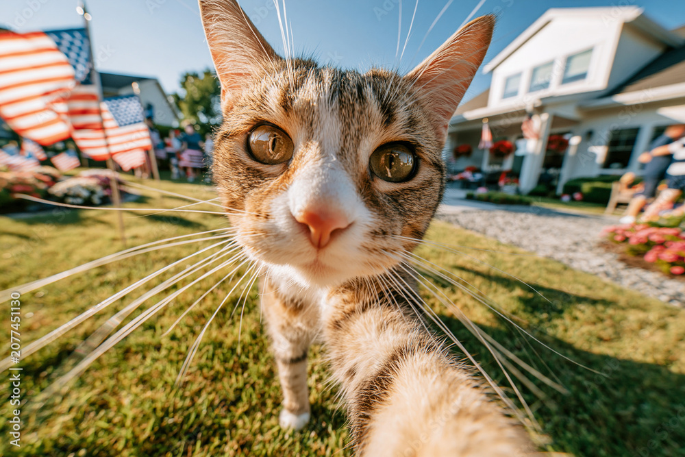 Obraz premium happy cat in the backyard. A summer picnic,selfie