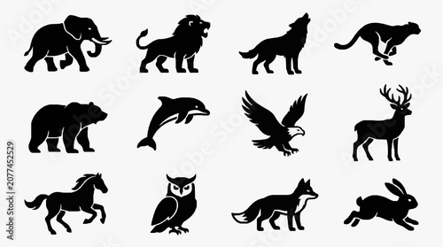 Photography Industrial Style Black and White Silhouette Line Art of 12 Wild Animals and Crea