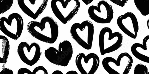 Принти на полотні Hand Drawn Black Hearts Seamless Pattern On White Background