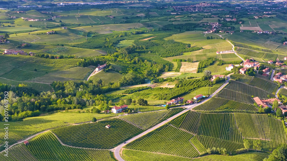 Fototapeta premium Aerial View of Rolling Vineyard Hills and Rural Village in Piedmont Italy