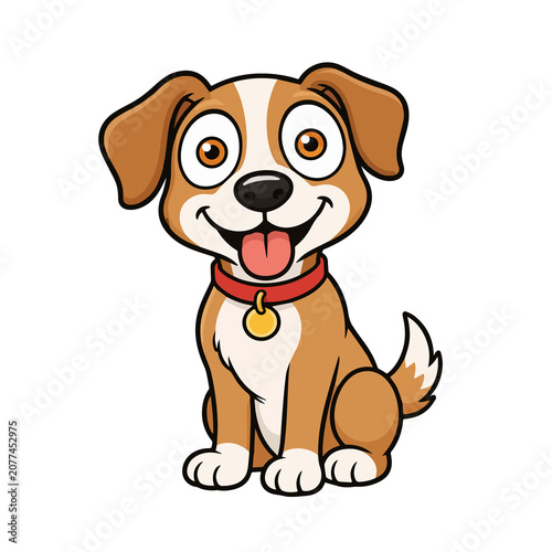 Happy Cartoon Dog Sitting with Collar and Tag in Flat Design Illustration