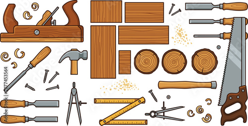 Photos Carpentry tools vector illustration set featuring hand plane chisels hammer hand
