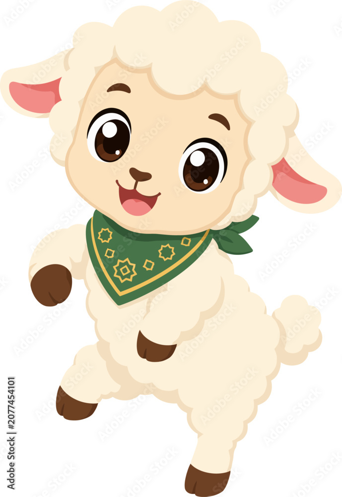 Obraz premium Friendly fluffy sheep cartoon character with green Islamic clothing and cheerful expression. Suitable for children's and Eid themed projects.