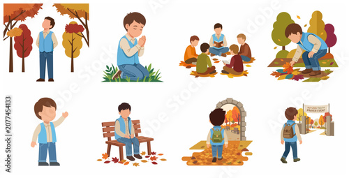 Konstfotografi Cartoon illustration set of a young boy participating in autumn youth prayer event, religious activities, and fall outdoor leisure