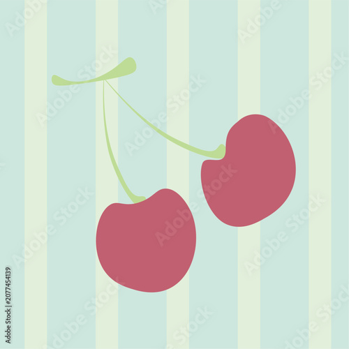 Minimalist vector flat illustration of fresh sweet cherry pair on stem. Isolated organic berry fruit icon on pastel striped background for food packaging or logo.