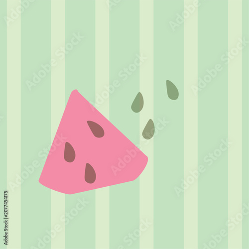 Minimalist vector flat illustration of fresh watermelon slice with pits. Isolated organic berry fruit icon on pastel striped background for summer food packaging or logo.