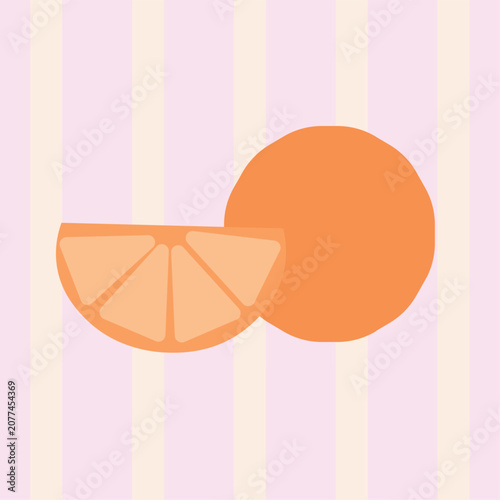 Minimalist vector flat illustration of fresh whole orange and sliced juicy citrus piece. Isolated organic fruit icon on pastel striped background for healthy food packaging or logo.