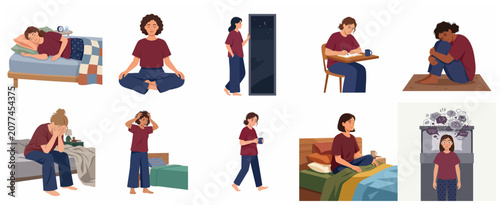 Quadro su tela Mental health and sleep disorder illustration set featuring woman struggling with insomnia, stress, anxiety, meditation, and daily routine in flat vector style