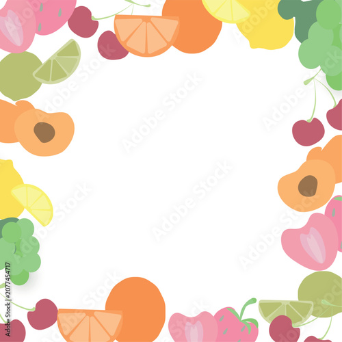 Summer fruits and berries vector flat square frame. Minimalist border template with copy space.