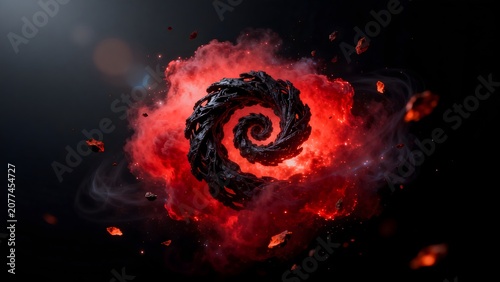 Spiral formation with red smoke and debris
